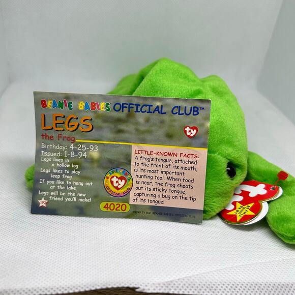 TY BEANIE BABIES LEGS the FROG 1993 Plush Stuffed Animal & Card - Picture 7 of 7
